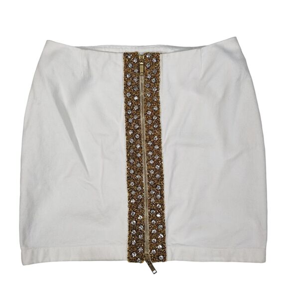 S/S 2004 Celine Beaded Denim Mini Skirt Size 40 White Zip Front Vintage - Picture 1 of 16